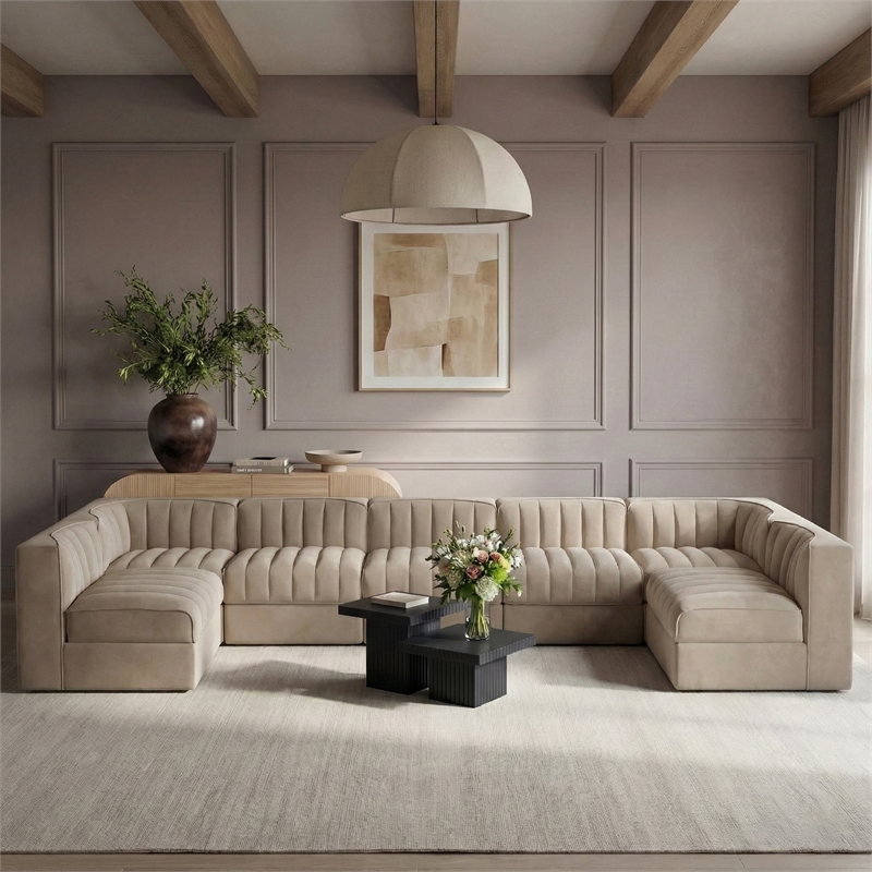 Meridian Furniture Rummi Beige Velvet Performance Fabric 7pc. Modular Sectional