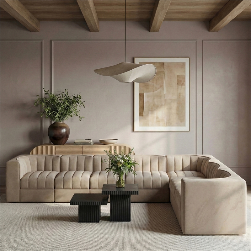 Meridian Furniture Rummi Beige Velvet Performance Fabric 7pc. Modular Sectional