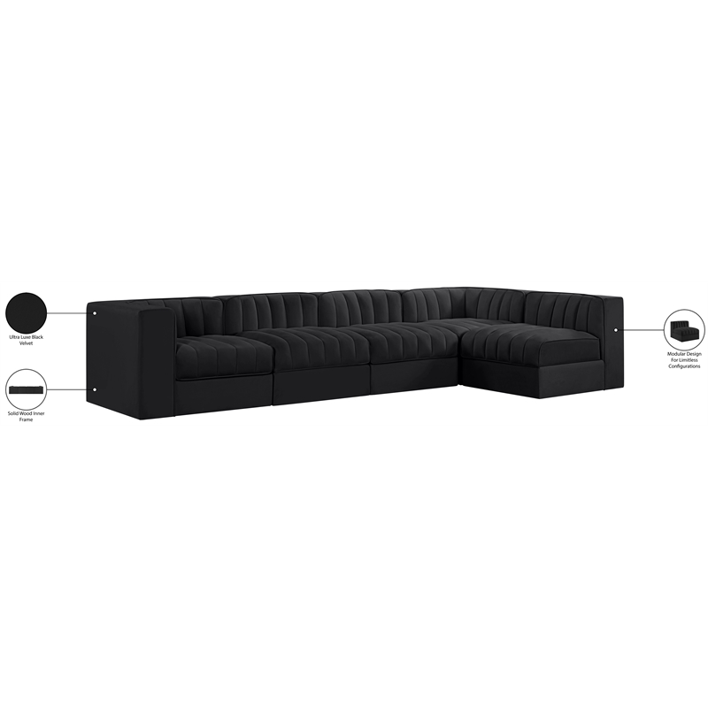 Meridian Furniture Rummi Black Velvet Performance Fabric 5pc. Modular Sectional