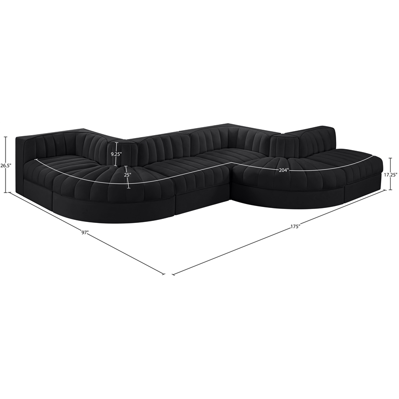 Meridian Furniture Rummi Black Velvet Performance Fabric 6pc. Modular Sectional
