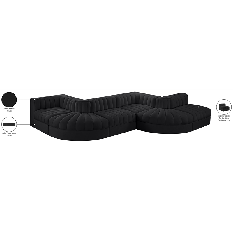 Meridian Furniture Rummi Black Velvet Performance Fabric 6pc. Modular Sectional