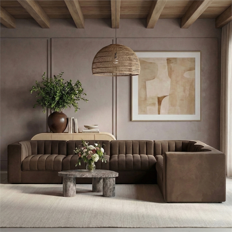 Meridian Furniture Rummi Brown Velvet Performance Fabric 6pc. Modular Sectional