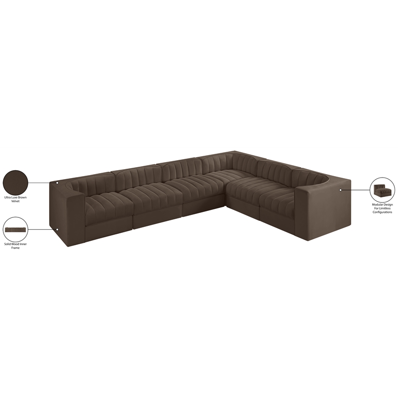 Meridian Furniture Rummi Brown Velvet Performance Fabric 6pc. Modular Sectional
