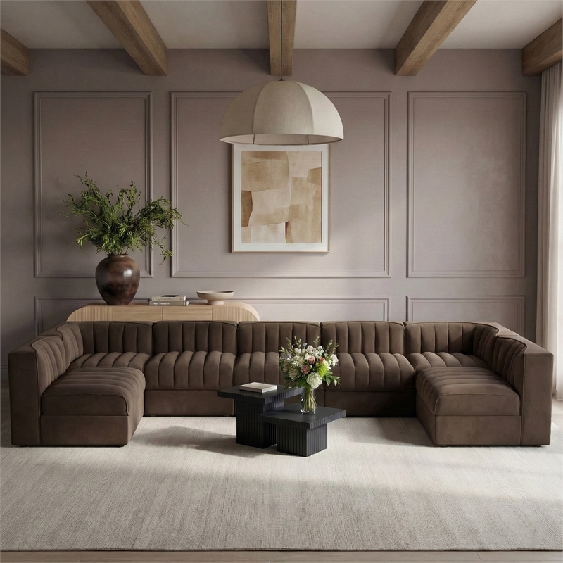 Meridian Furniture Rummi Brown Velvet Performance Fabric 7pc. Modular Sectional
