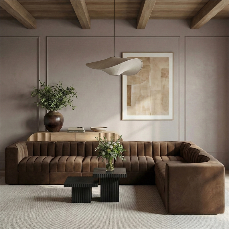 Meridian Furniture Rummi Brown Velvet Performance Fabric 7pc. Modular Sectional