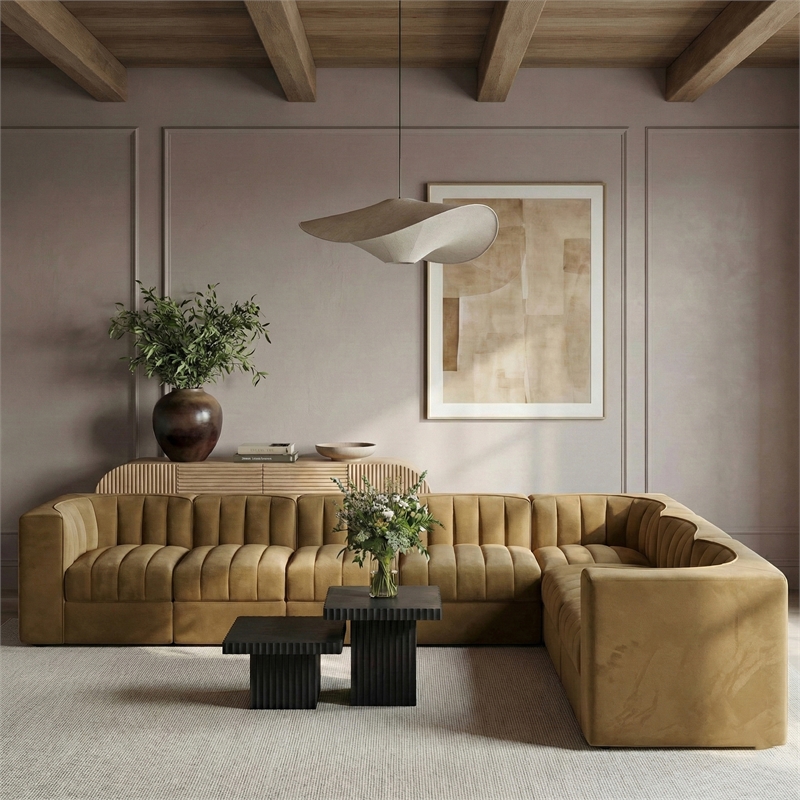 Meridian Furniture Rummi Saddle Velvet Performance Fabric 7pc. Modular Sectional