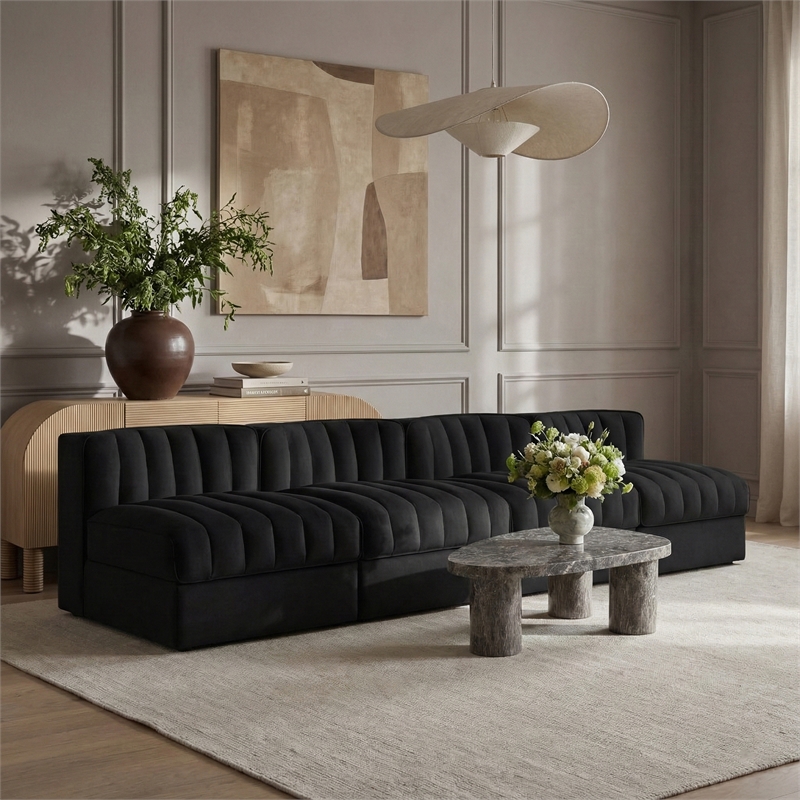 Meridian Furniture Rummi Black Velvet Performance Fabric 4pc. Modular Sofa