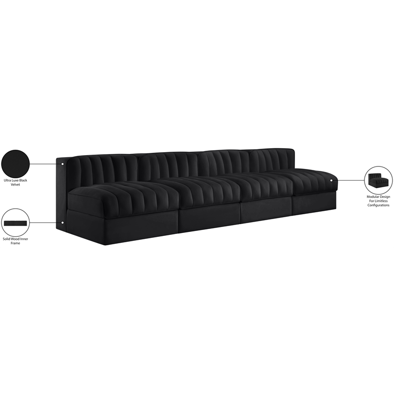 Meridian Furniture Rummi Black Velvet Performance Fabric 4pc. Modular Sofa