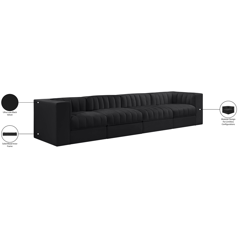 Meridian Furniture Rummi Black Velvet Performance Fabric 4pc. Modular Sofa
