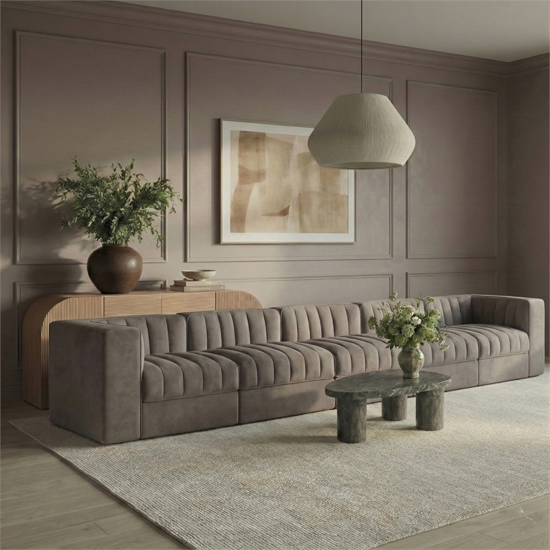 Meridian Furniture Rummi Taupe Velvet Performance Fabric 5pc. Modular Sofa