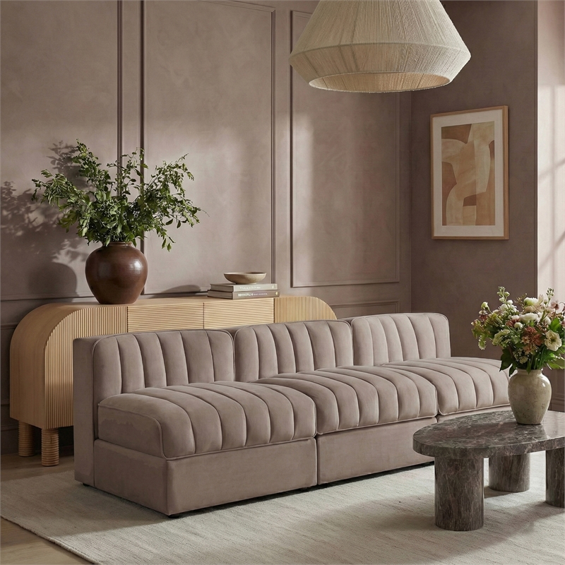 Meridian Furniture Rummi Taupe Velvet Performance Fabric 3pc. Modular Sofa