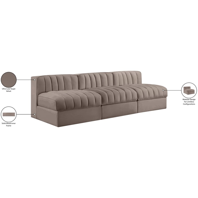 Meridian Furniture Rummi Taupe Velvet Performance Fabric 3pc. Modular Sofa