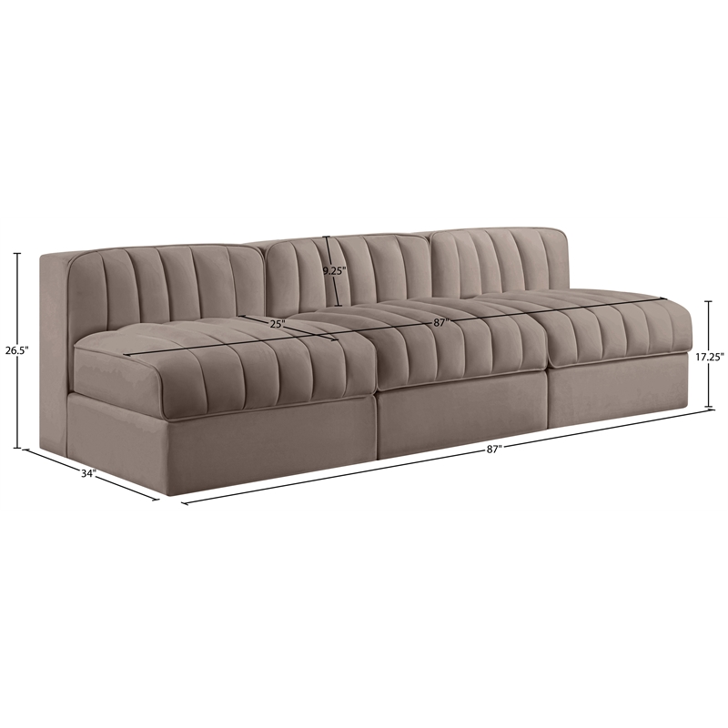 Meridian Furniture Rummi Taupe Velvet Performance Fabric 3pc. Modular Sofa