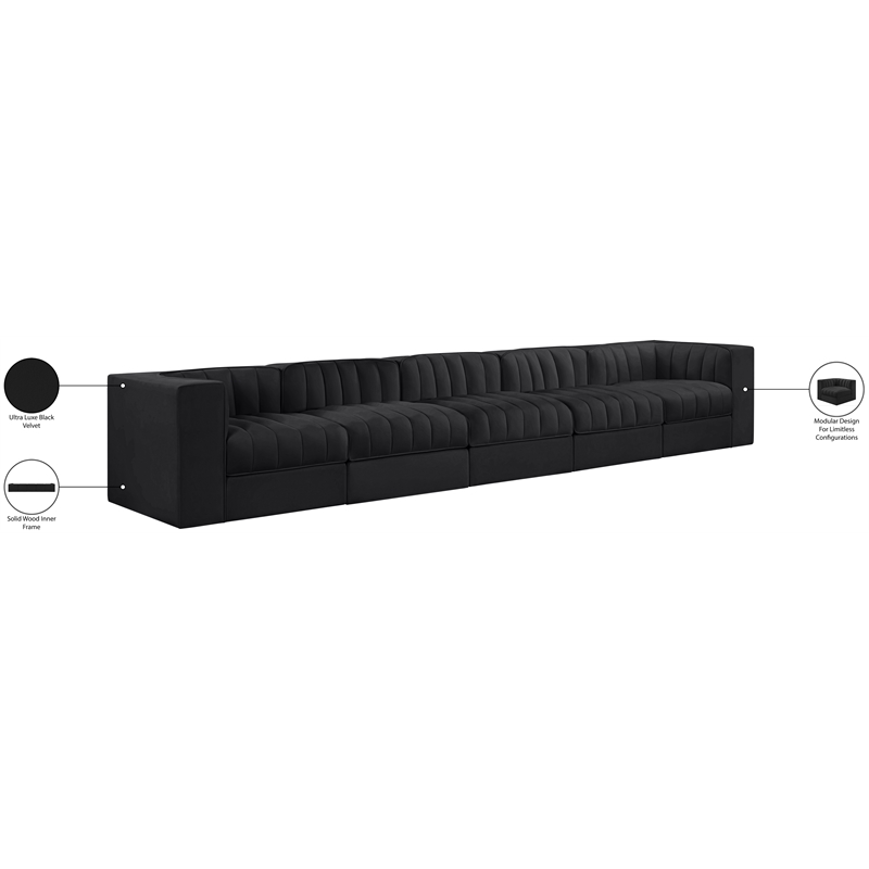 Meridian Furniture Rummi Black Velvet Performance Fabric 5pc. Modular Sofa