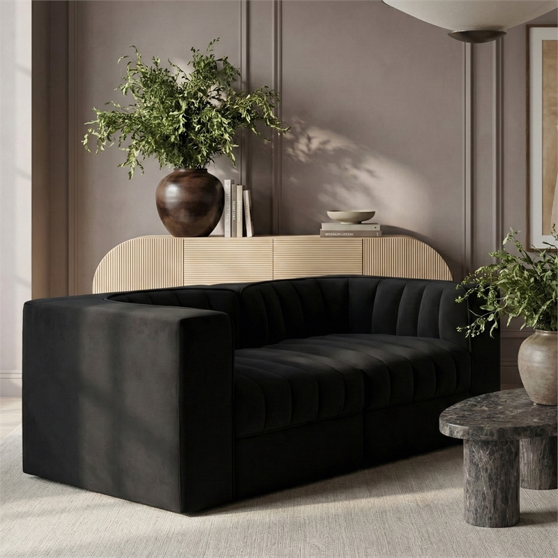 Meridian Furniture Rummi Black Velvet Performance Fabric 2pc. Modular Sofa