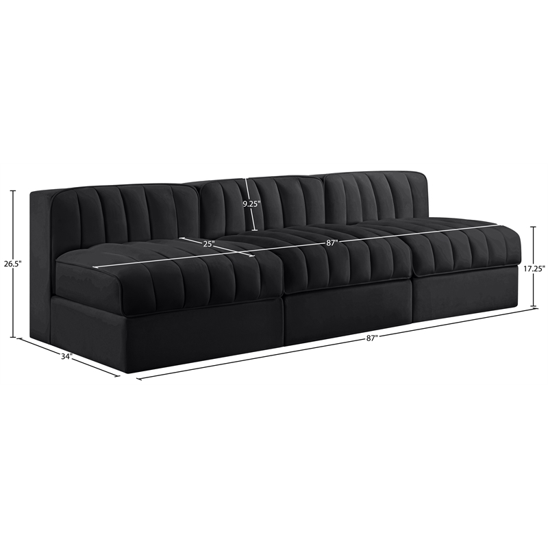 Meridian Furniture Rummi Black Velvet Performance Fabric 3pc. Modular Sofa