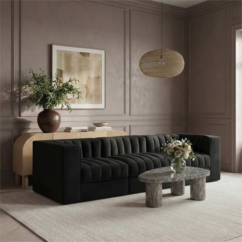 Meridian Furniture Rummi Black Velvet Performance Fabric 3pc. Modular Sofa