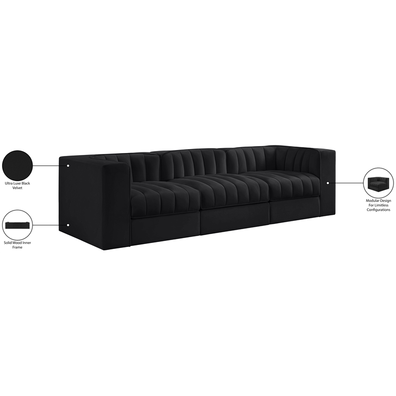 Meridian Furniture Rummi Black Velvet Performance Fabric 3pc. Modular Sofa