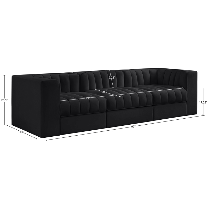 Meridian Furniture Rummi Black Velvet Performance Fabric 3pc. Modular Sofa