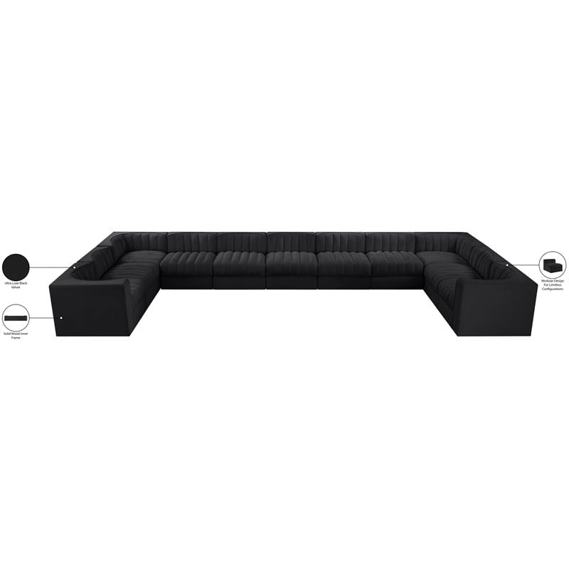 Meridian Furniture Rummi Black Velvet Performance Fabric 11pc. Modular Sectional