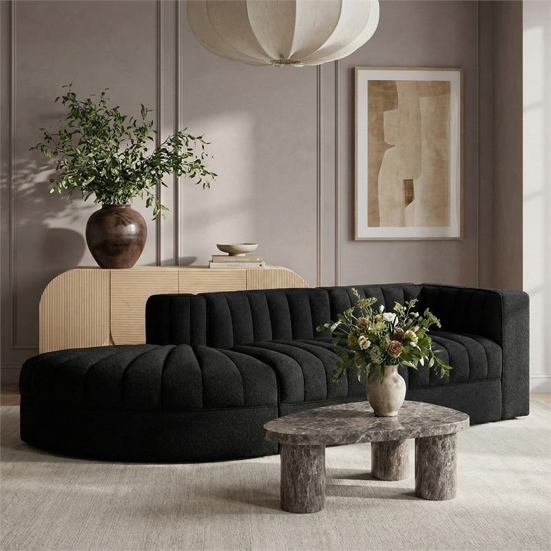 Meridian Furniture Rummi Black Velvet Performance Fabric 3pc. Modular Sectional