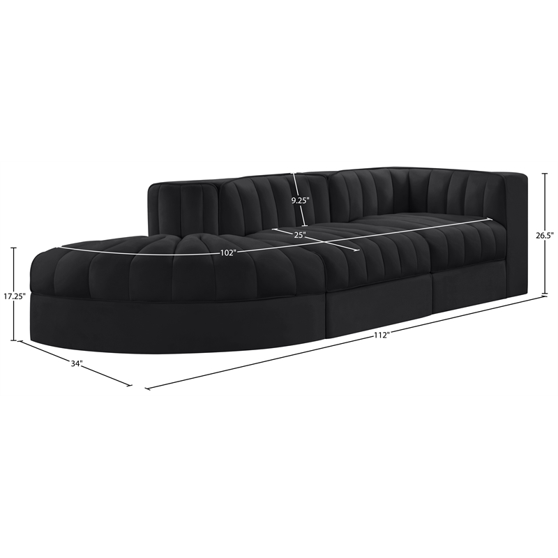 Meridian Furniture Rummi Black Velvet Performance Fabric 3pc. Modular Sectional