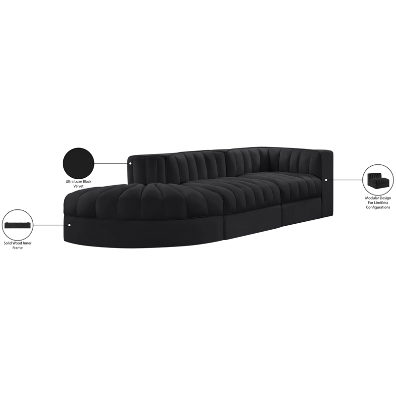 Meridian Furniture Rummi Black Velvet Performance Fabric 3pc. Modular Sectional