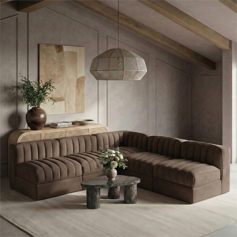 Meridian Furniture Rummi Brown Velvet Performance Fabric 5pc. Modular Sectional
