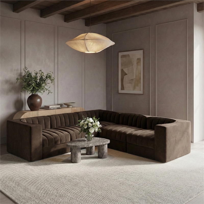 Meridian Furniture Rummi Brown Velvet Performance Fabric 5pc. Modular Sectional