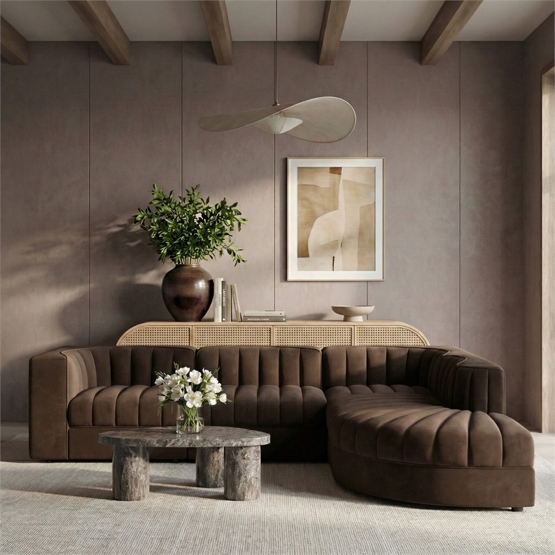 Meridian Furniture Rummi Brown Velvet Performance Fabric 5pc. Modular Sectional
