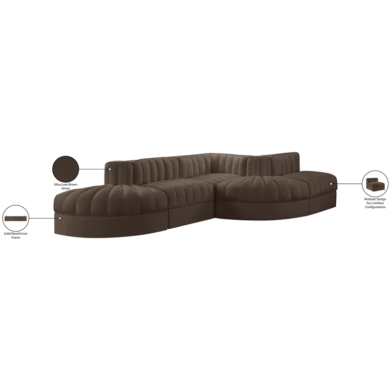 Meridian Furniture Rummi Brown Velvet Performance Fabric 5pc. Modular Sectional