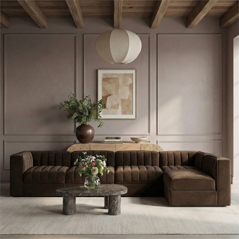 Meridian Furniture Rummi Brown Velvet Performance Fabric 5pc. Modular Sectional