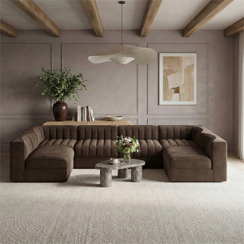 Meridian Furniture Rummi Brown Velvet Performance Fabric 6pc. Modular Sectional