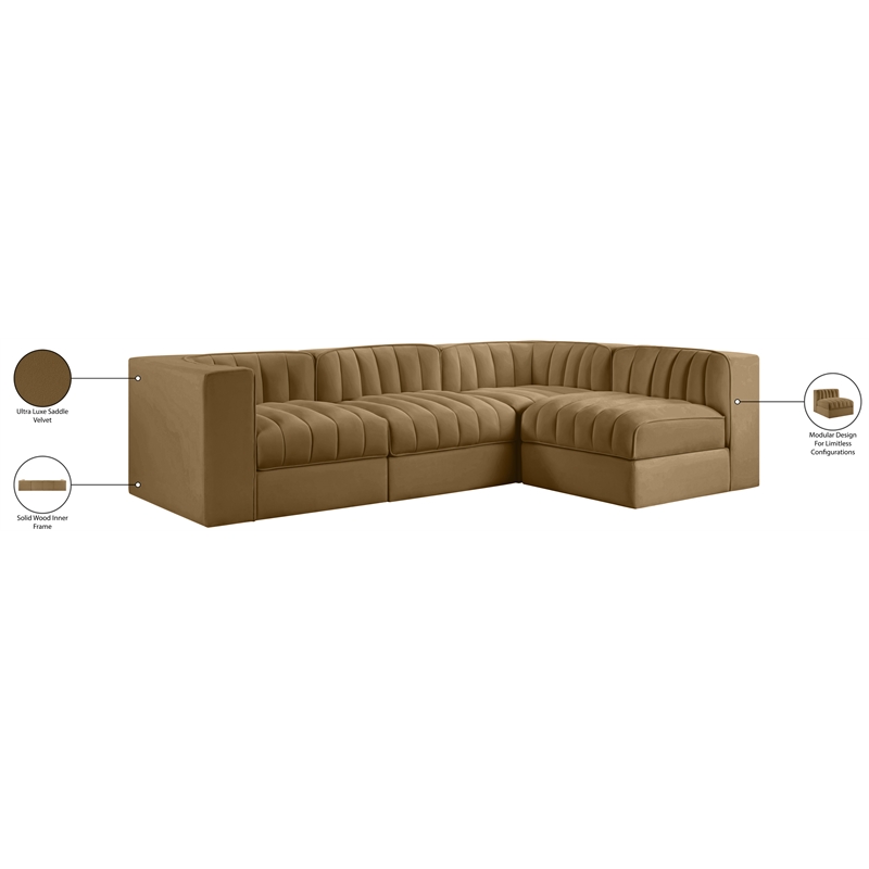 Meridian Furniture Rummi Saddle Velvet Performance Fabric 4pc. Modular Sectional