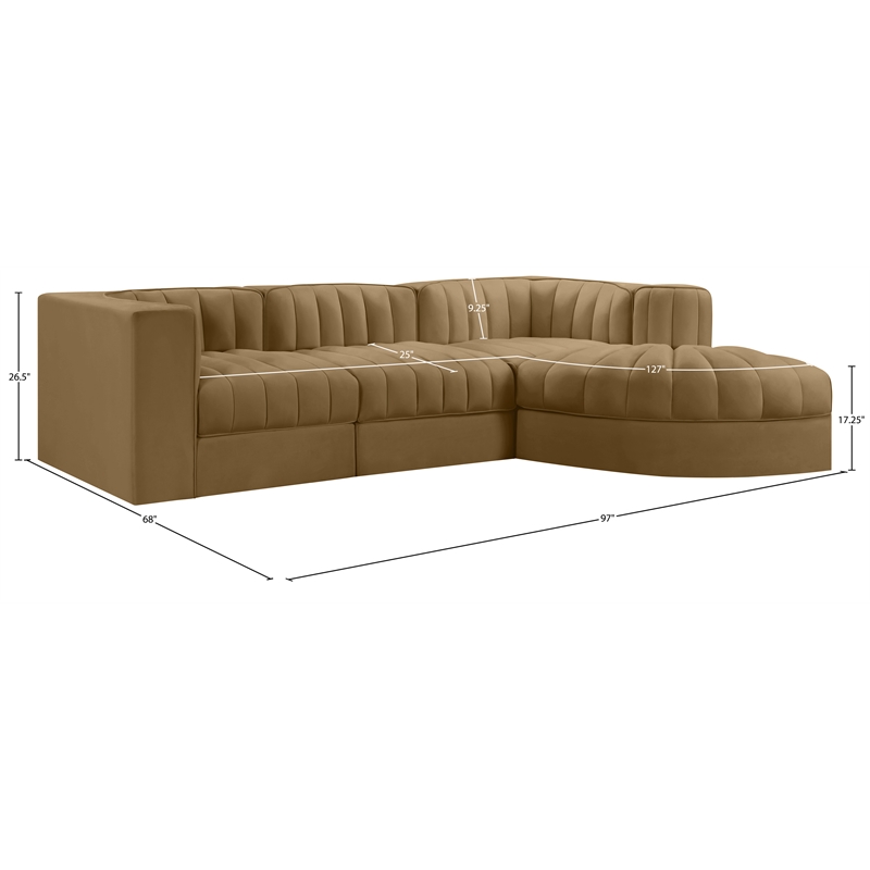 Meridian Furniture Rummi Saddle Velvet Performance Fabric 4pc. Modular Sectional