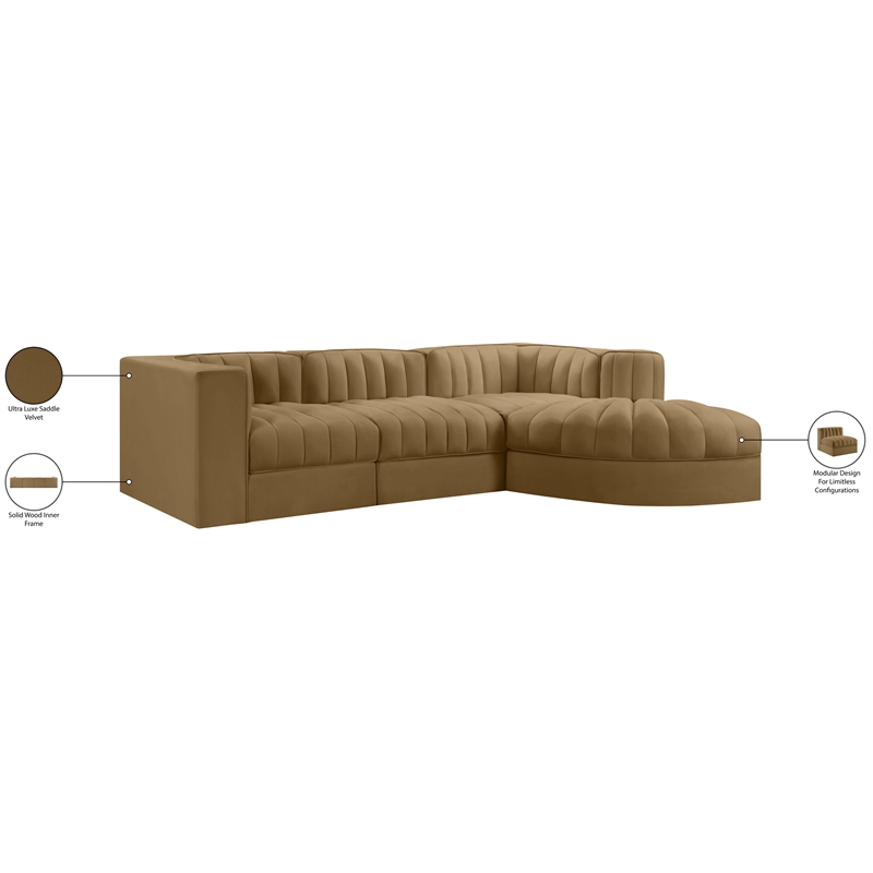 Meridian Furniture Rummi Saddle Velvet Performance Fabric 4pc. Modular Sectional