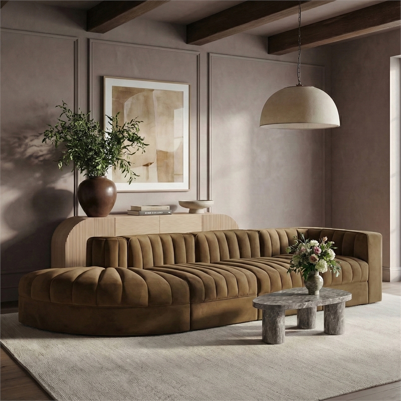 Meridian Furniture Rummi Saddle Velvet Performance Fabric 4pc. Modular Sectional