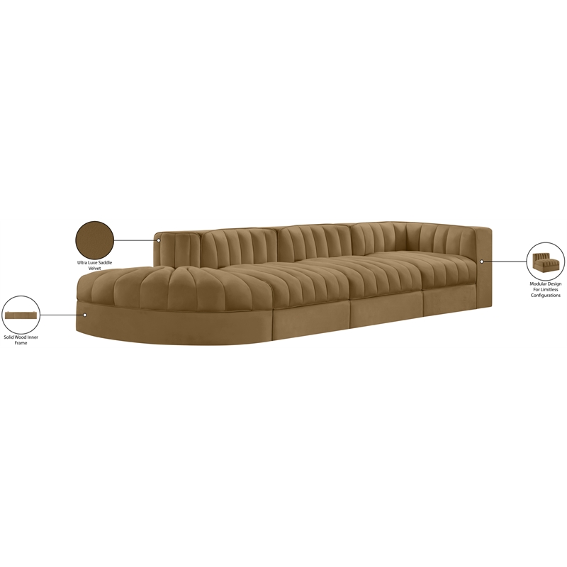 Meridian Furniture Rummi Saddle Velvet Performance Fabric 4pc. Modular Sectional