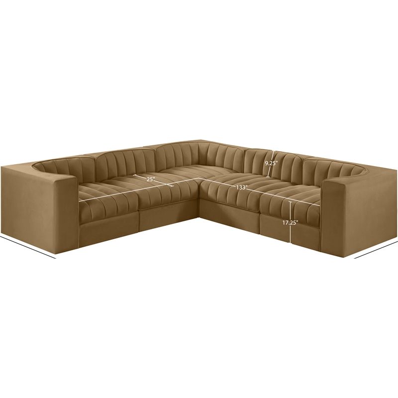 Meridian Furniture Rummi Saddle Velvet Performance Fabric 5pc. Modular Sectional
