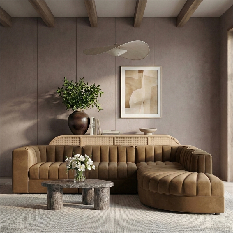 Meridian Furniture Rummi Saddle Velvet Performance Fabric 5pc. Modular Sectional