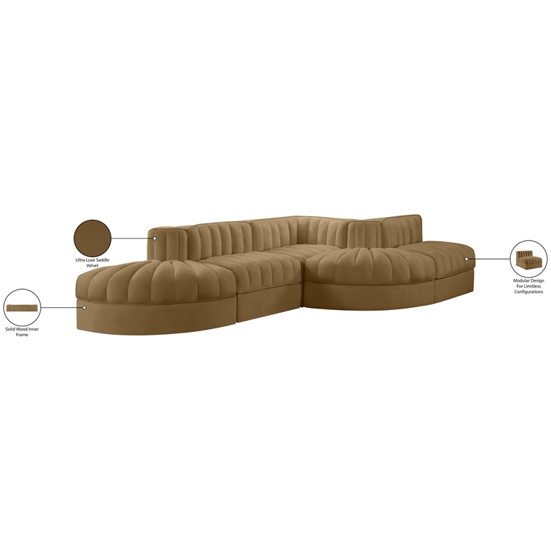 Meridian Furniture Rummi Saddle Velvet Performance Fabric 5pc. Modular Sectional