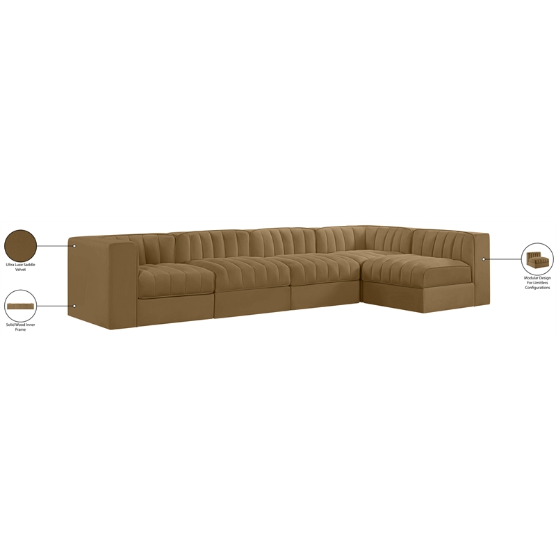 Meridian Furniture Rummi Saddle Velvet Performance Fabric 5pc. Modular Sectional