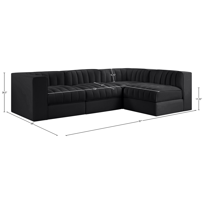 Meridian Furniture Rummi Black Velvet Performance Fabric 4pc. Modular Sectional