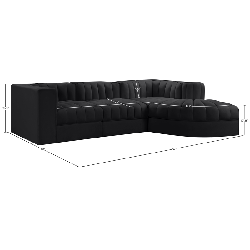 Meridian Furniture Rummi Black Velvet Performance Fabric 4pc. Modular Sectional