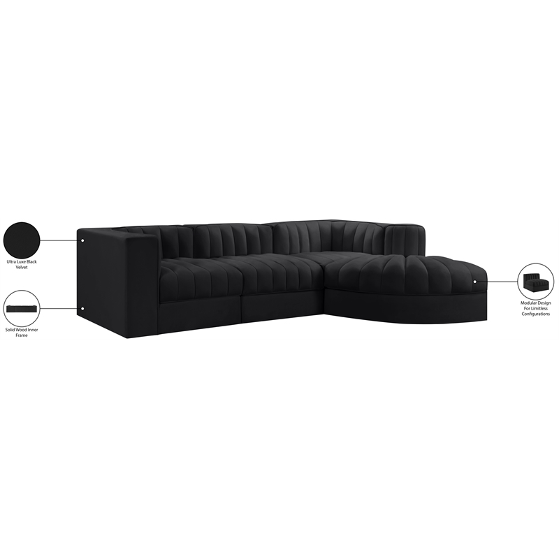 Meridian Furniture Rummi Black Velvet Performance Fabric 4pc. Modular Sectional