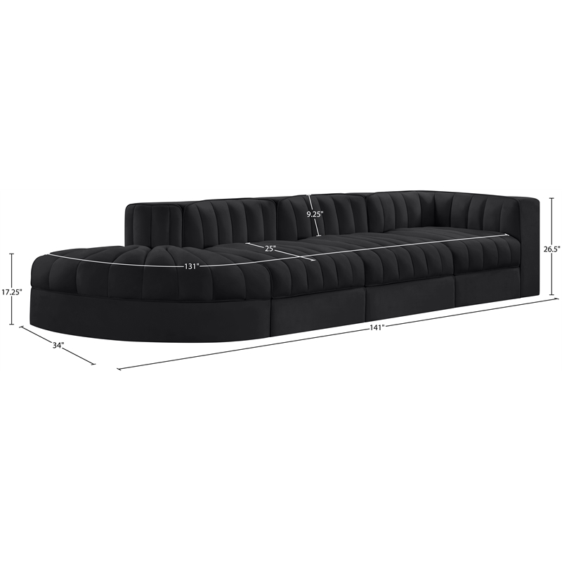 Meridian Furniture Rummi Black Velvet Performance Fabric 4pc. Modular Sectional