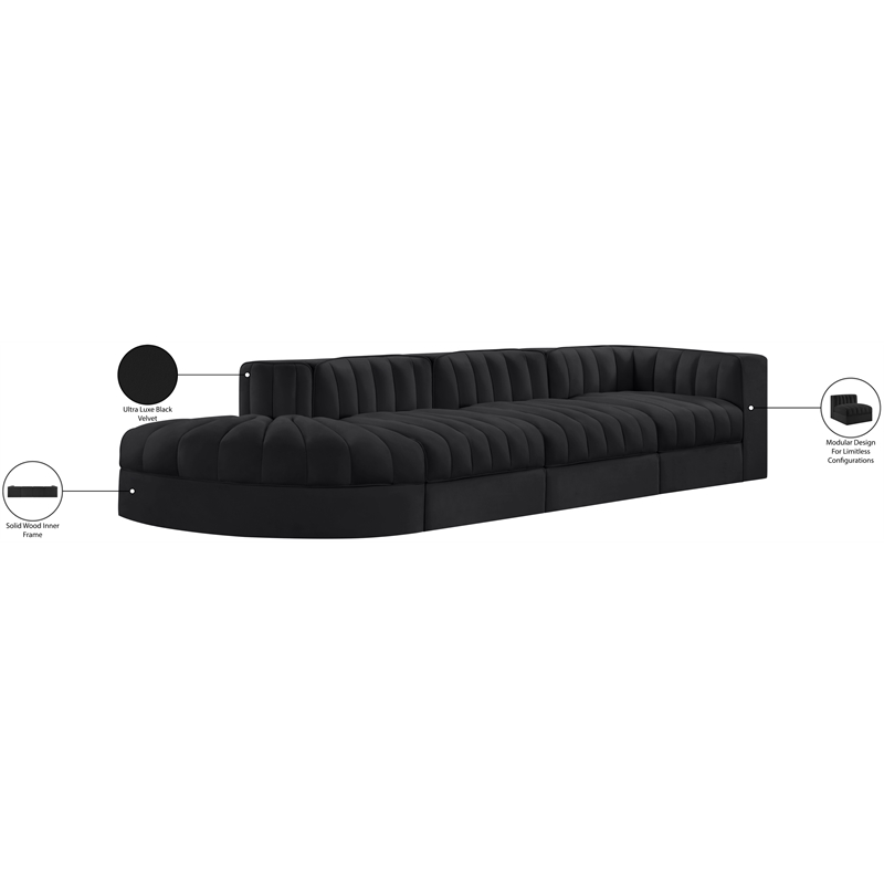 Meridian Furniture Rummi Black Velvet Performance Fabric 4pc. Modular Sectional