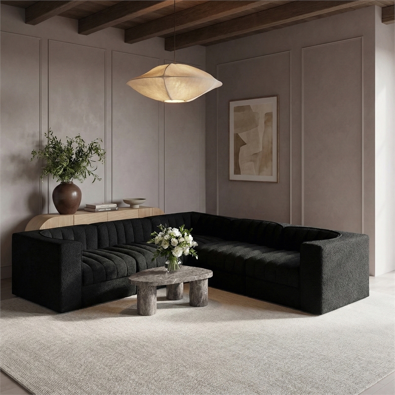 Meridian Furniture Rummi Black Velvet Performance Fabric 5pc. Modular Sectional