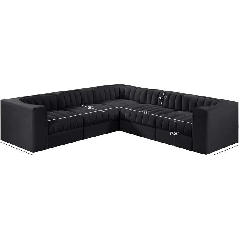 Meridian Furniture Rummi Black Velvet Performance Fabric 5pc. Modular Sectional