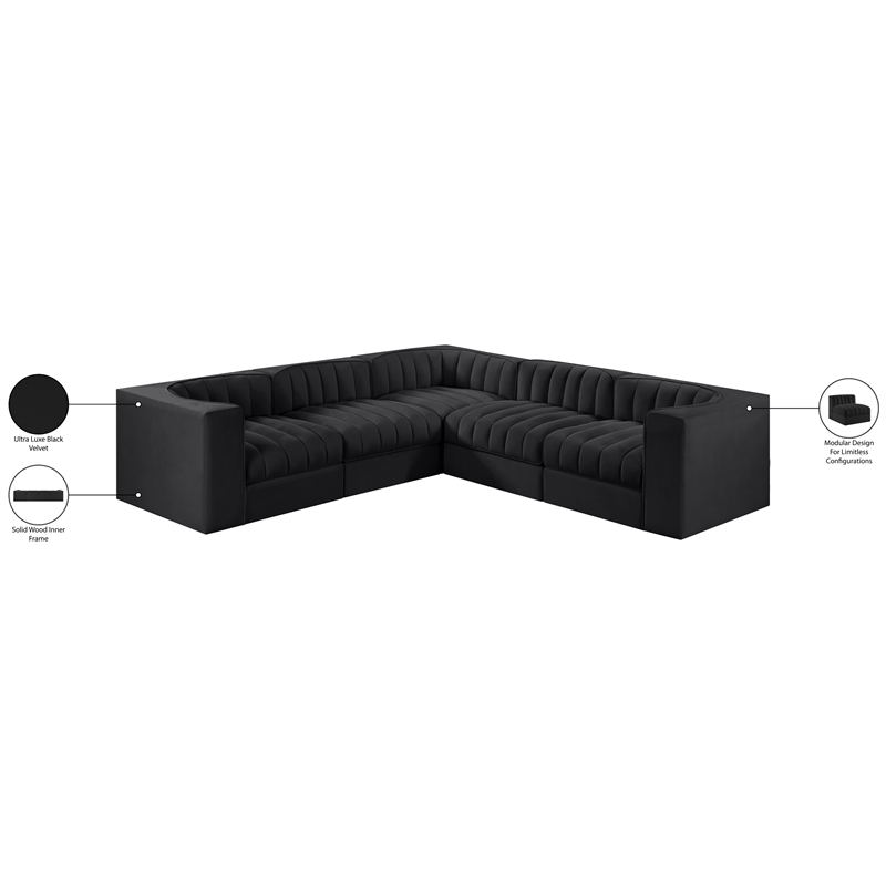 Meridian Furniture Rummi Black Velvet Performance Fabric 5pc. Modular Sectional